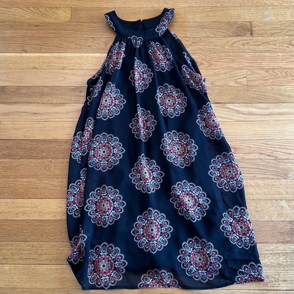 Black short flowy dress with Red and Gold floral design, Small, Barely worn